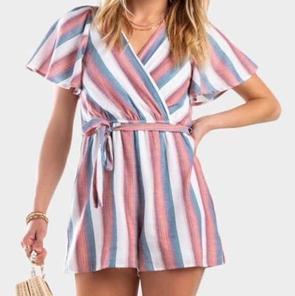 Francesca's Fredah Stripe Front Back Tie Short Sleeve Elastic Waist Boho Romper - Picture 1 of 12